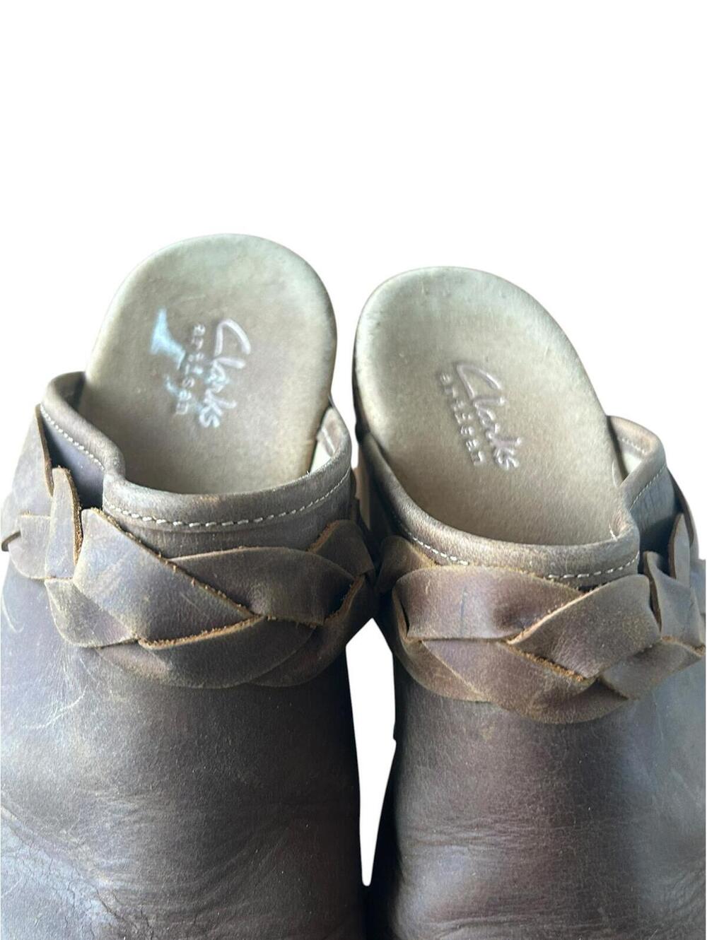 Clarks Brown Leather Clogs 7.5 Platform Mule Wood Heel Boho Cottage - Picture 8 of 8